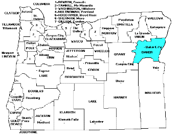 Map of Oregon with Baker County